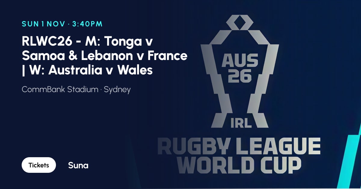 The link preview: RLWC26 - M: Tonga v Samoa & Lebanon v France | W: Australia v Wales