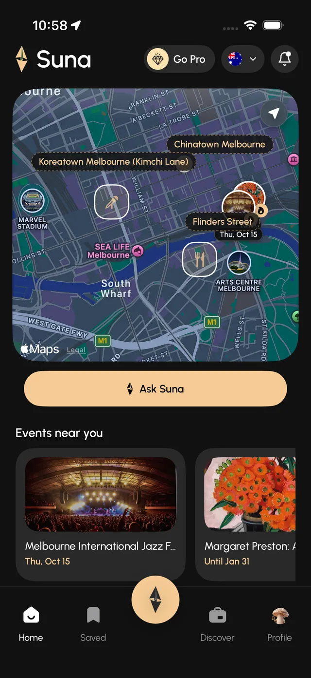 Suna's Home screen in Melbourne with the map, Ask Suna and the Events near you strip