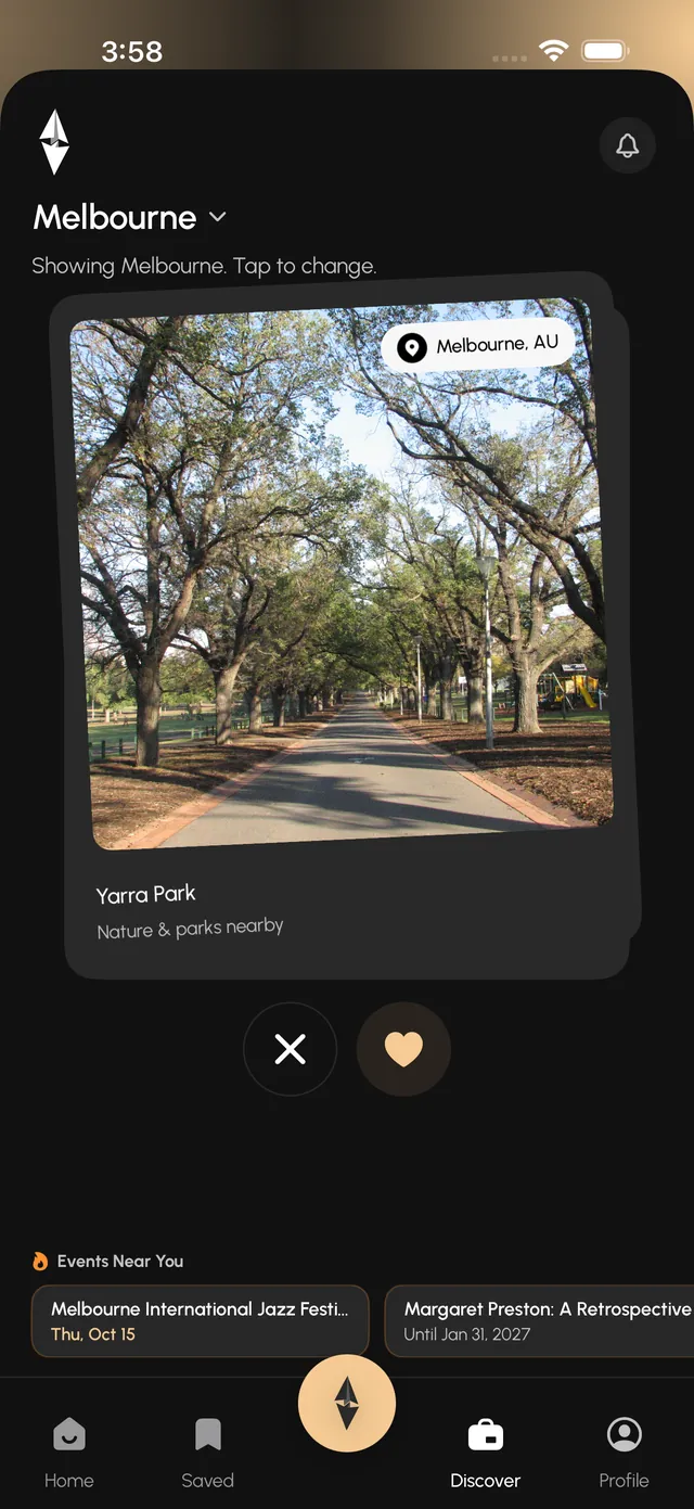 Suna's Discover screen in Melbourne, showing a card for Yarra Park